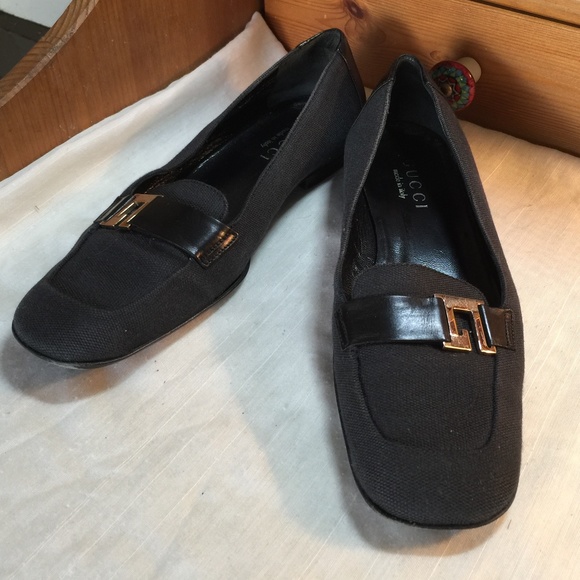 GUCCI BLACK CANVAS LEATHER G Logo LOAFERS MOCCASINS pumps flats slides slip ons - Picture 1 of 9